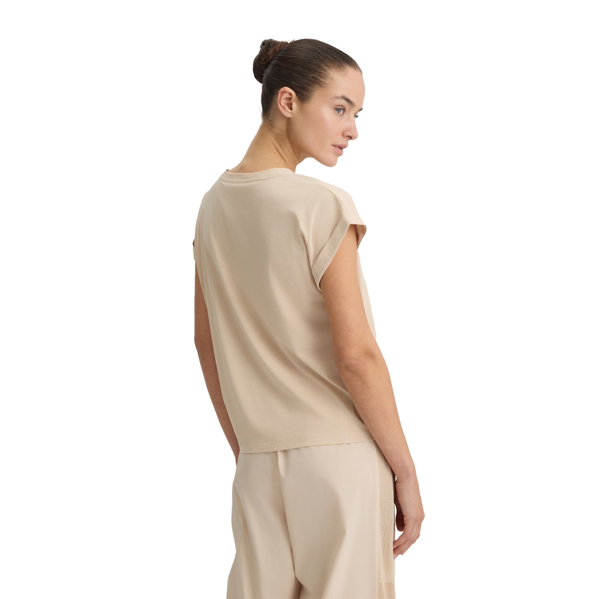 T-shirt Donna in cotone con logo Beige modella retro