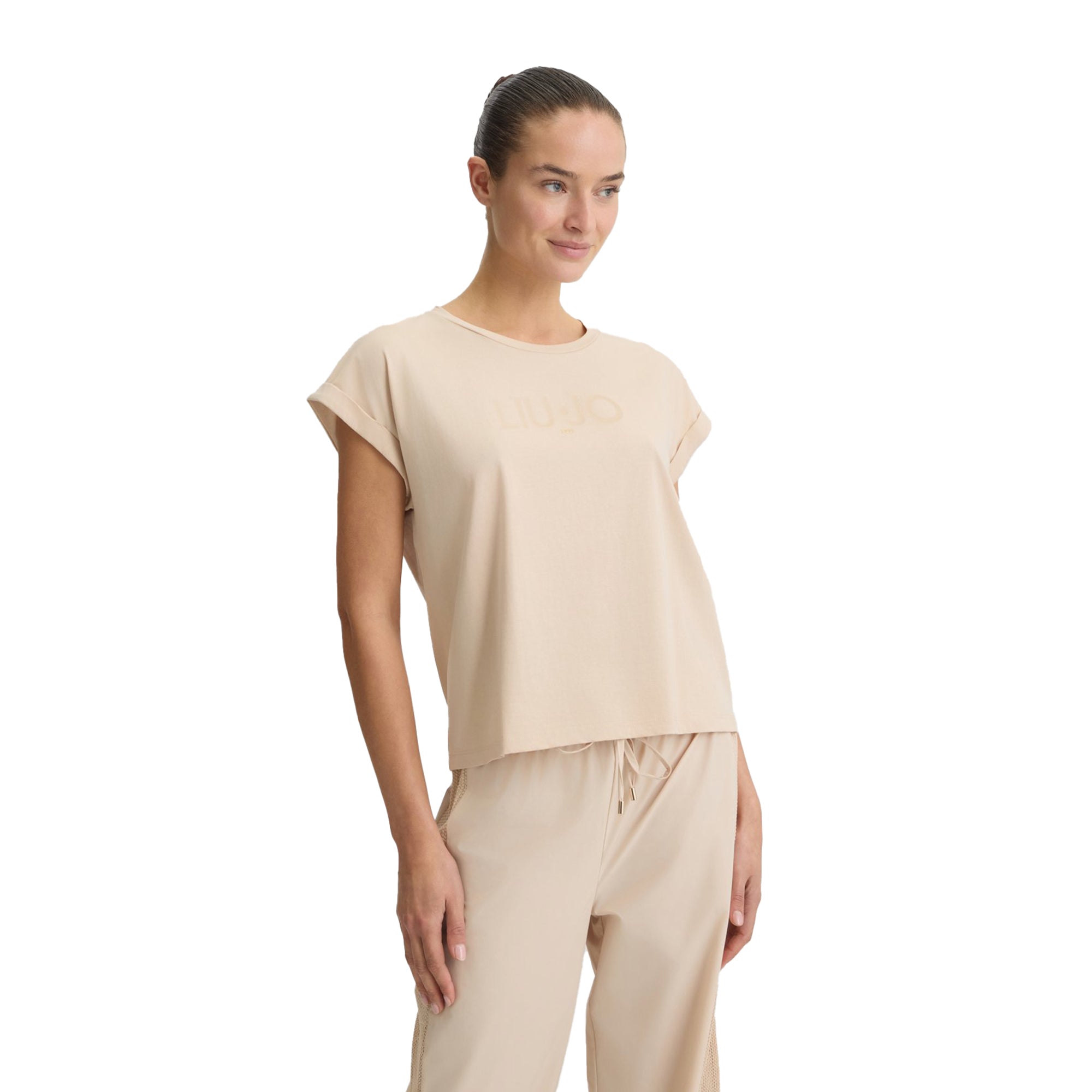 T-shirt Donna in cotone con logo Beige modella frontale