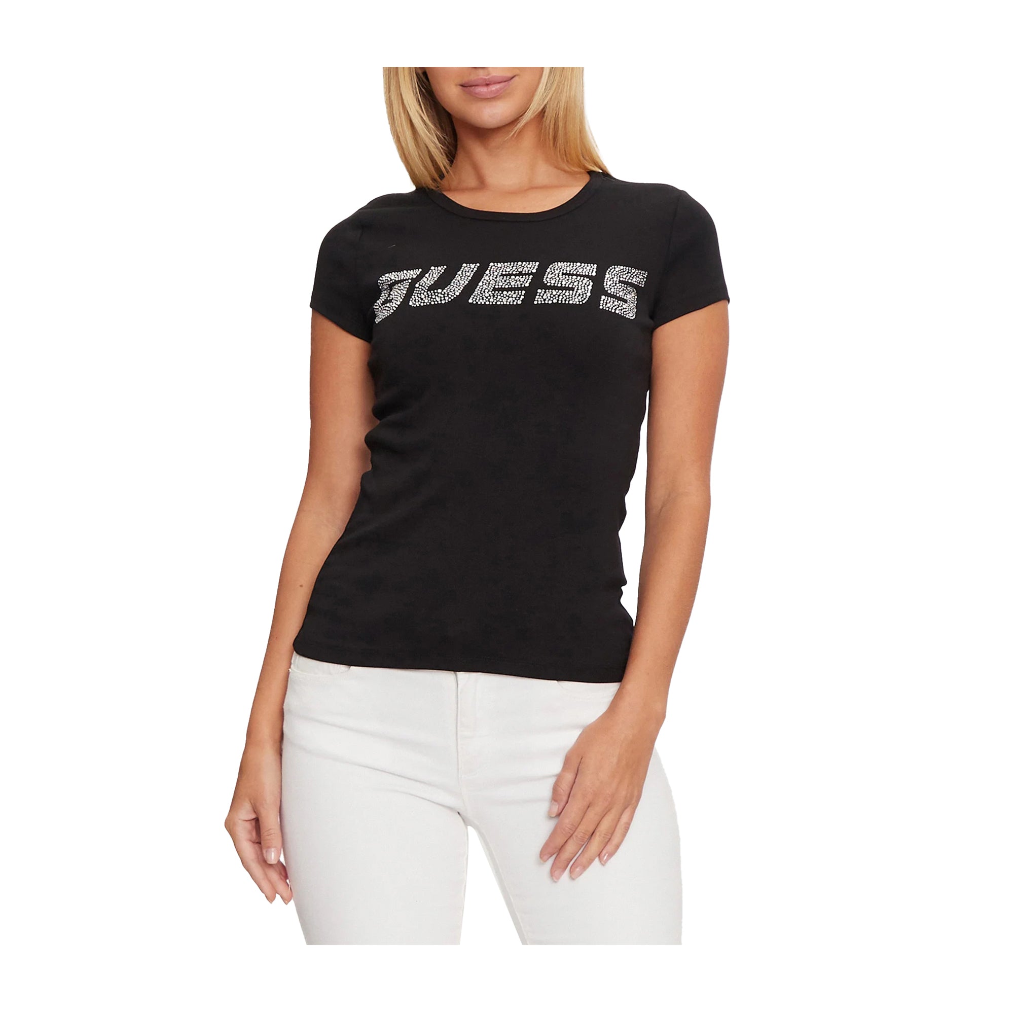 T-Shirt Guess Donna Kiara Nera in Cotone Elasticizzato