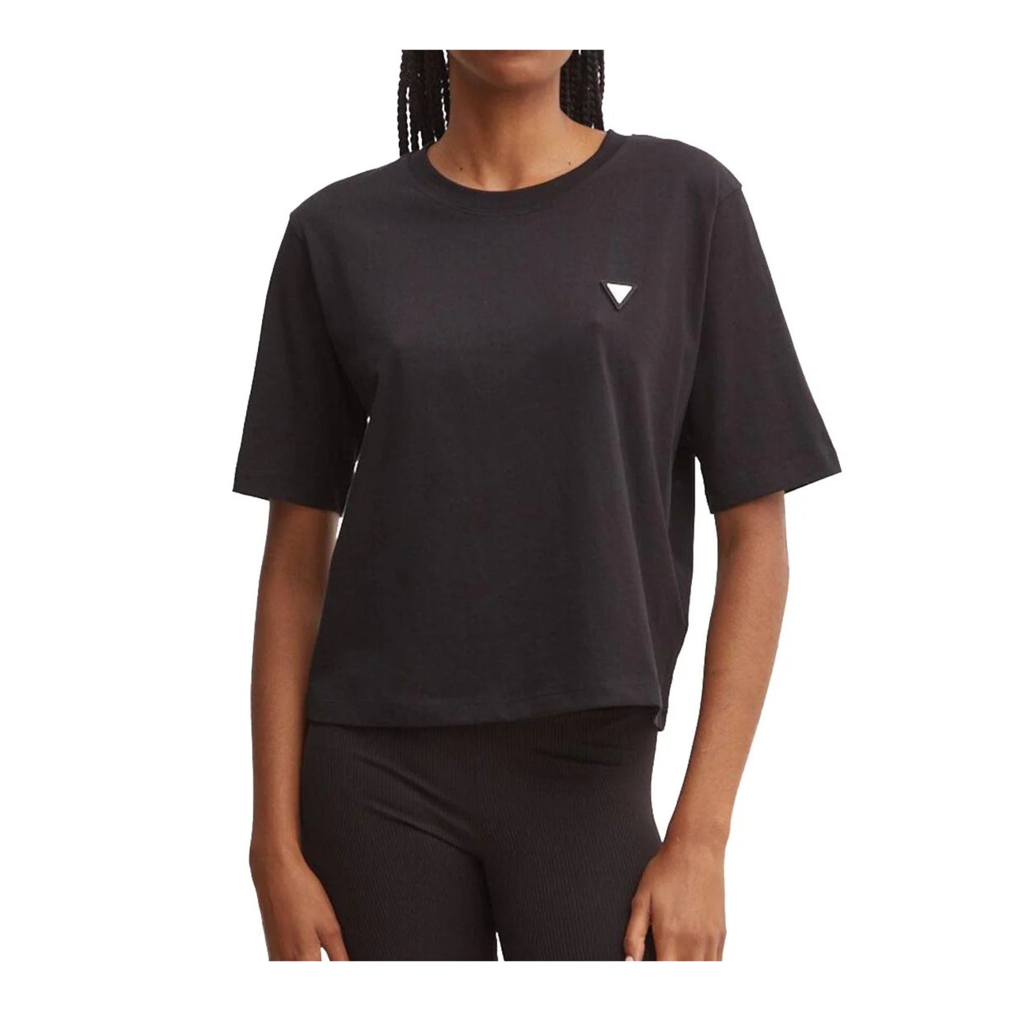 T-shirt Donna in cotone, con maniche corte e logo metallico