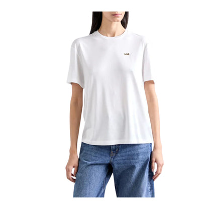 T-shirt Basic Bianca da donna con logo mini modella frontale