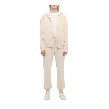Pantaloni da donna beige con placca mini logo modella frontale