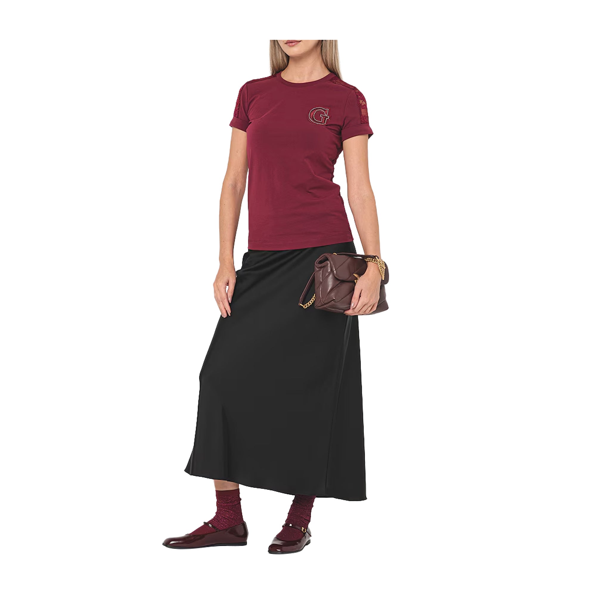 Guess T-shirt Donna in pizzo con maniche corte Bordeaux