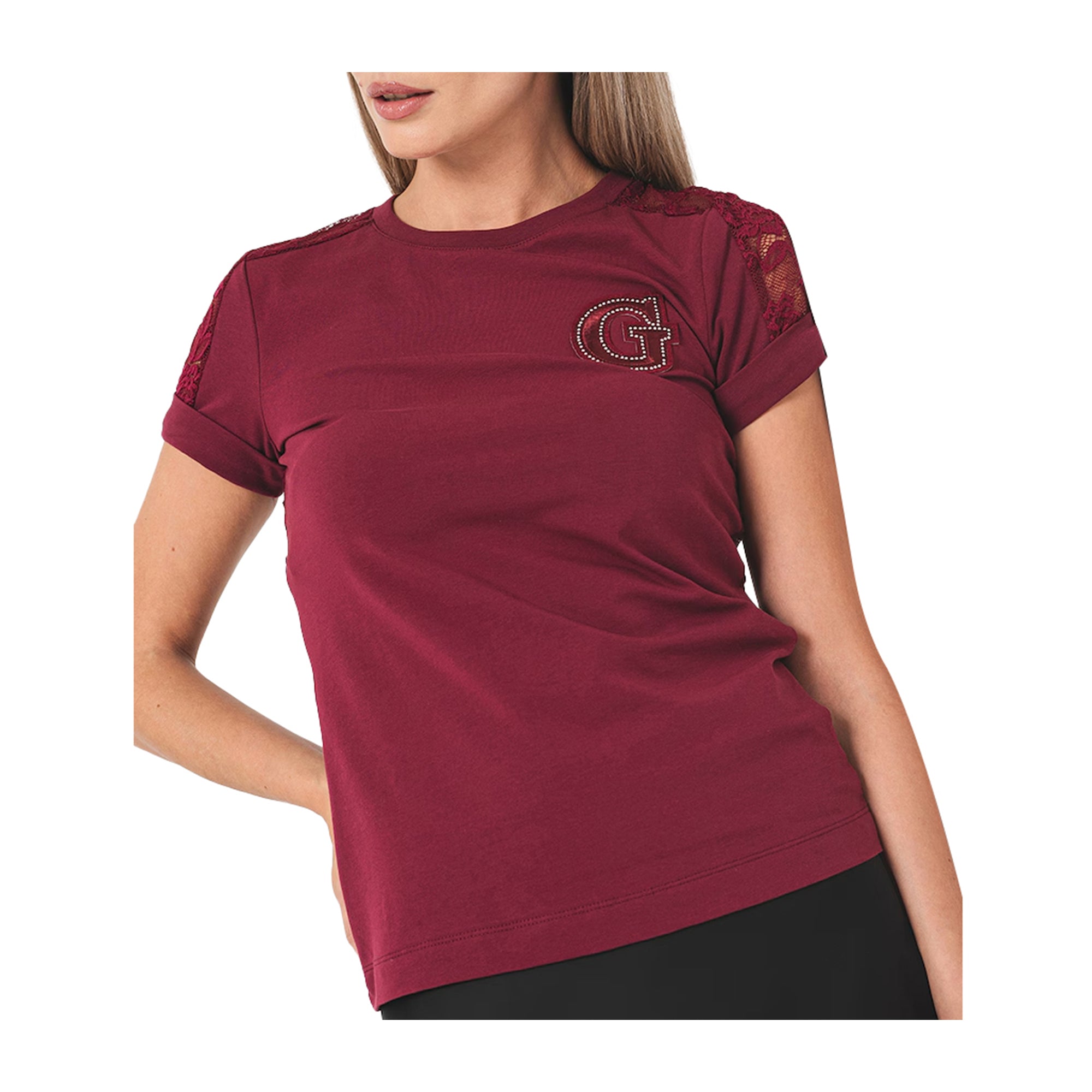 Guess T-shirt Donna in pizzo con maniche corte Bordeaux