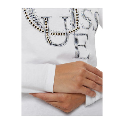 T-Shirt Guess Manica Lunga Bianco con Logo Borchie