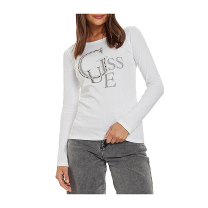 T-Shirt Guess Manica Lunga Bianco con Logo Borchie