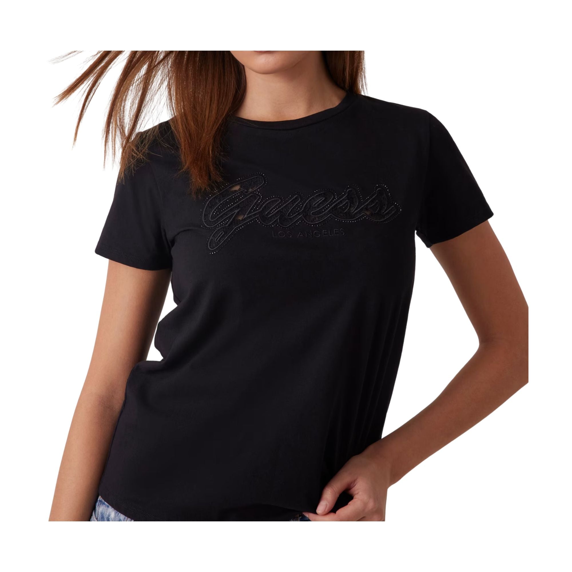 T-shirt Donna in cotone, con logo in pizzo tono su tono