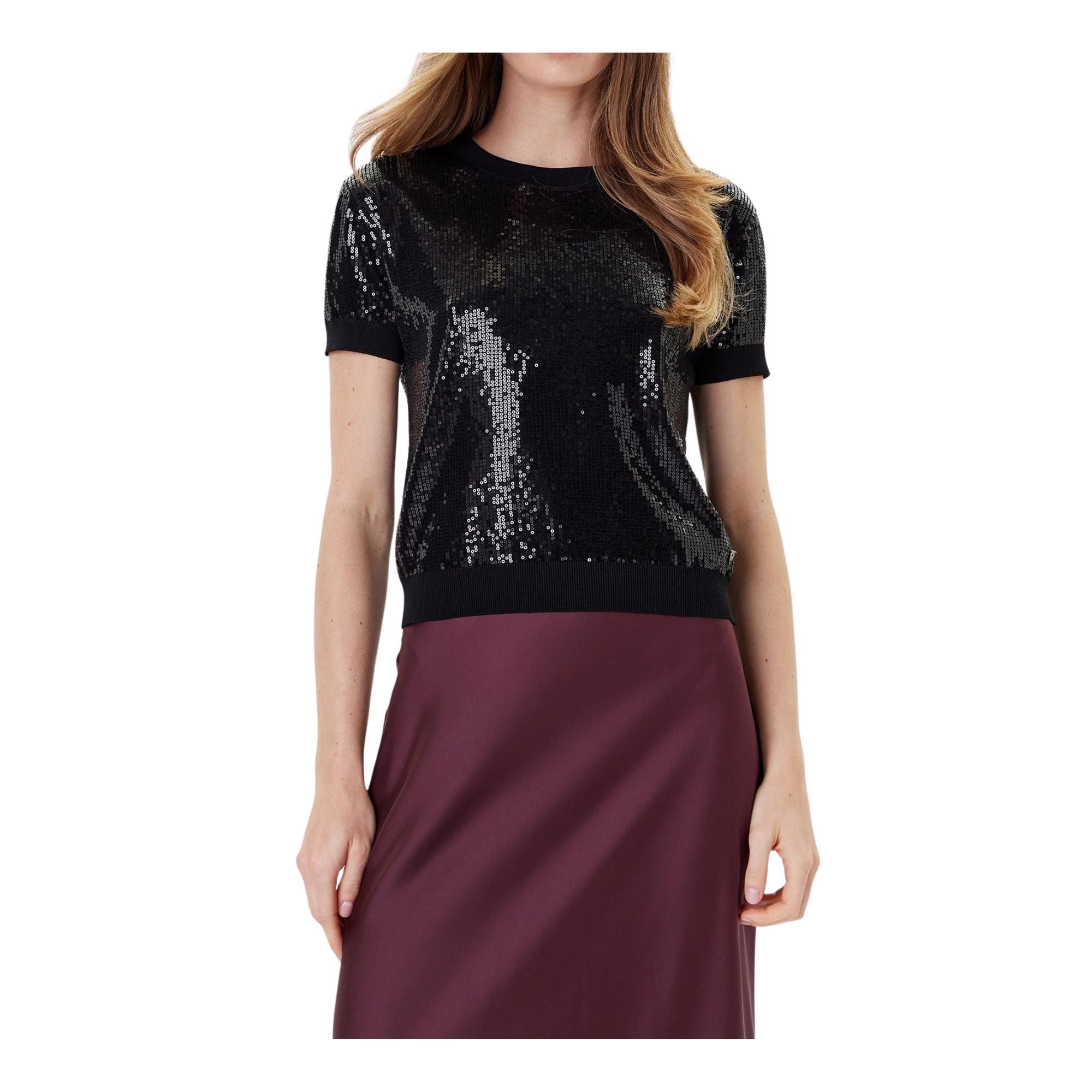 Maglia Donna, a girocollo, con maniche corte e paillettes 