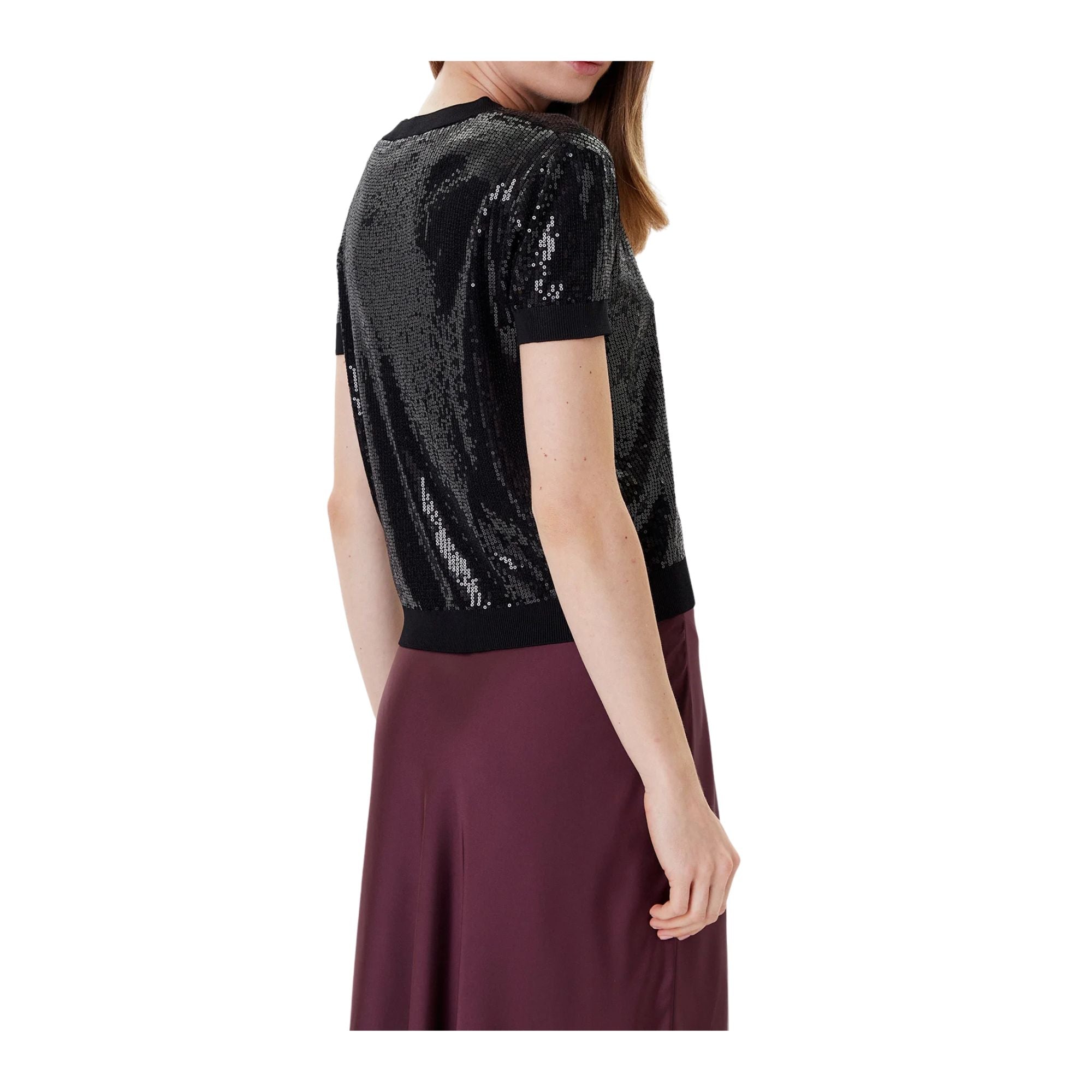 Maglia Donna, a girocollo, con maniche corte e paillettes 