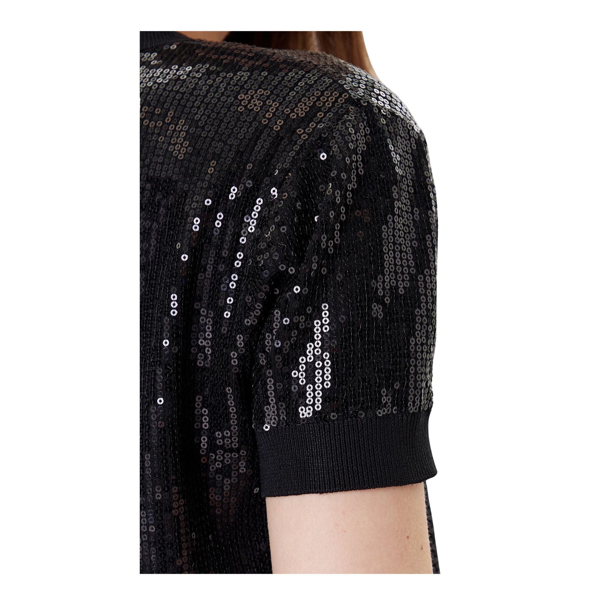 Maglia Donna, a girocollo, con maniche corte e paillettes 