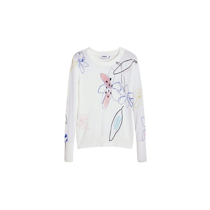 Maglia Donna Bianca, in misto viscosa e fantasia floreale a contrasto 