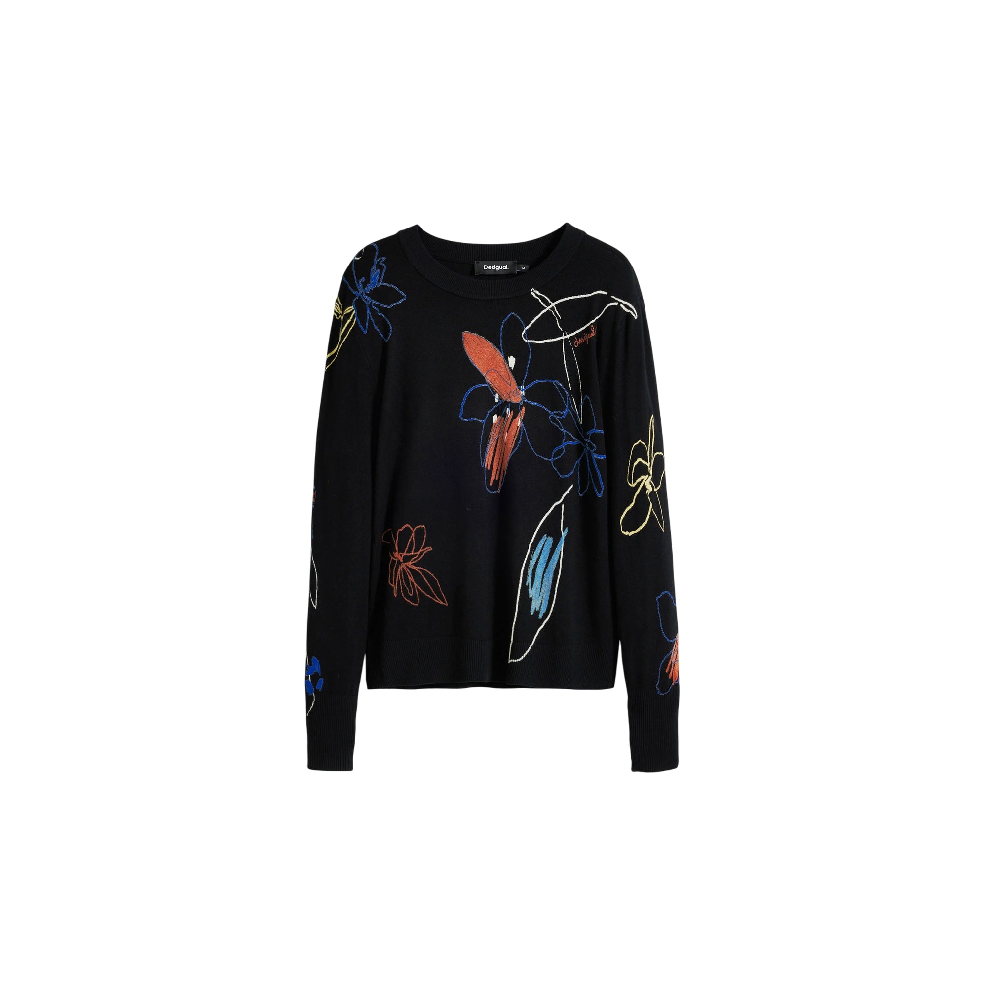Maglia Donna Nera, con una scollatura girocollo e fantasia floreale a contrasto