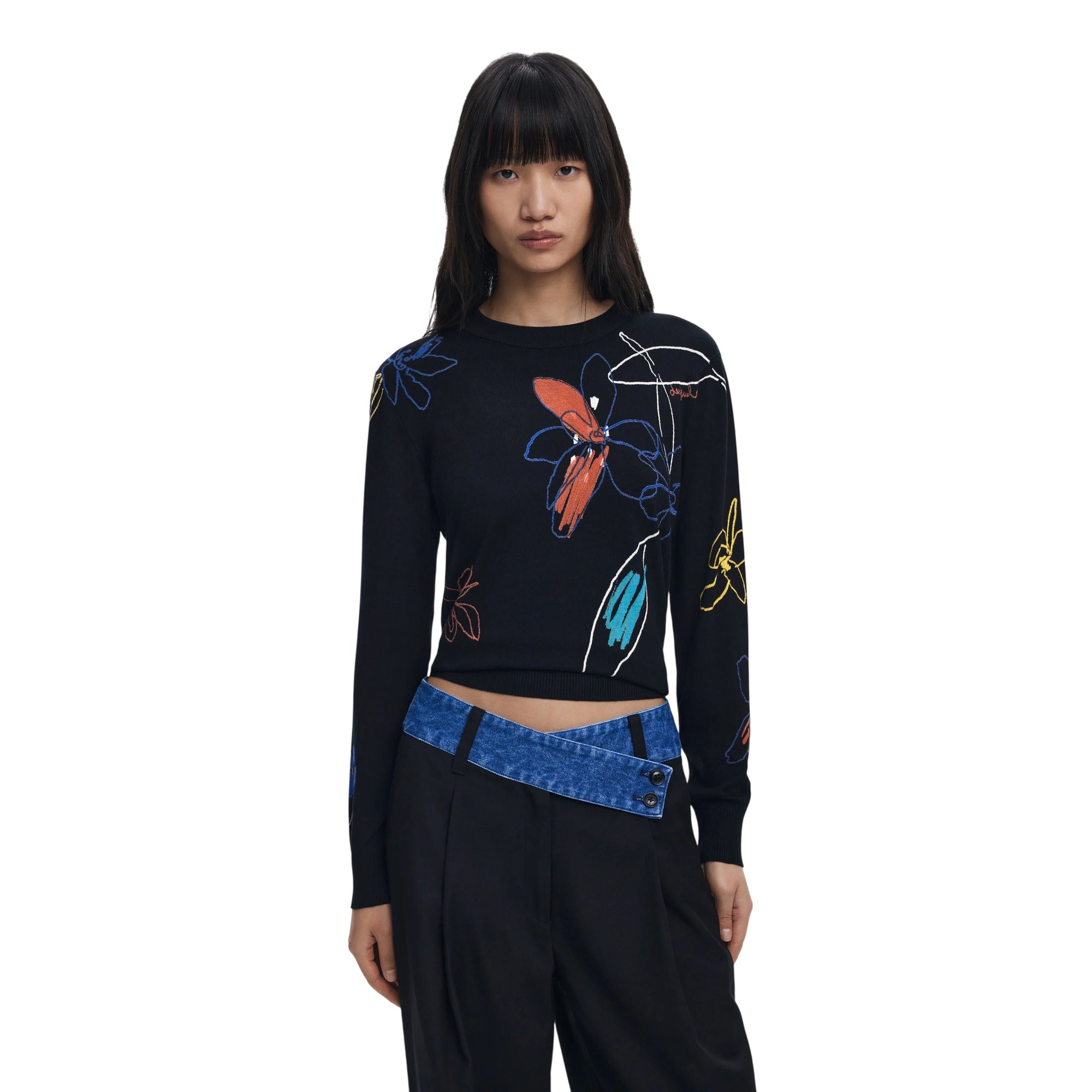 Maglia Donna Nera, con una scollatura girocollo e fantasia floreale a contrasto