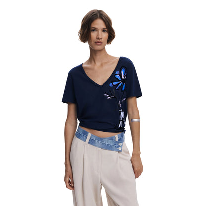 T-shirt Donna Blu, con una scollatura a V e grafica con vaso