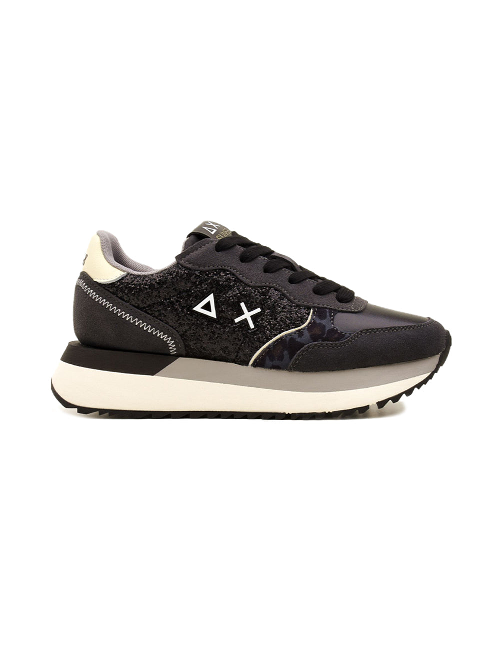 Sneaker Donna Big Ally Glitter Nera, con inserto animalier e suola in gomma