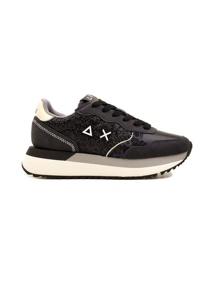 Sneaker Donna Big Ally Glitter Nera, con inserto animalier e suola in gomma