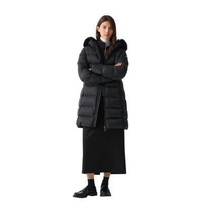 Piumino Donna Lungo Cappuccio e Pelliccia Nero modella frontale intera
