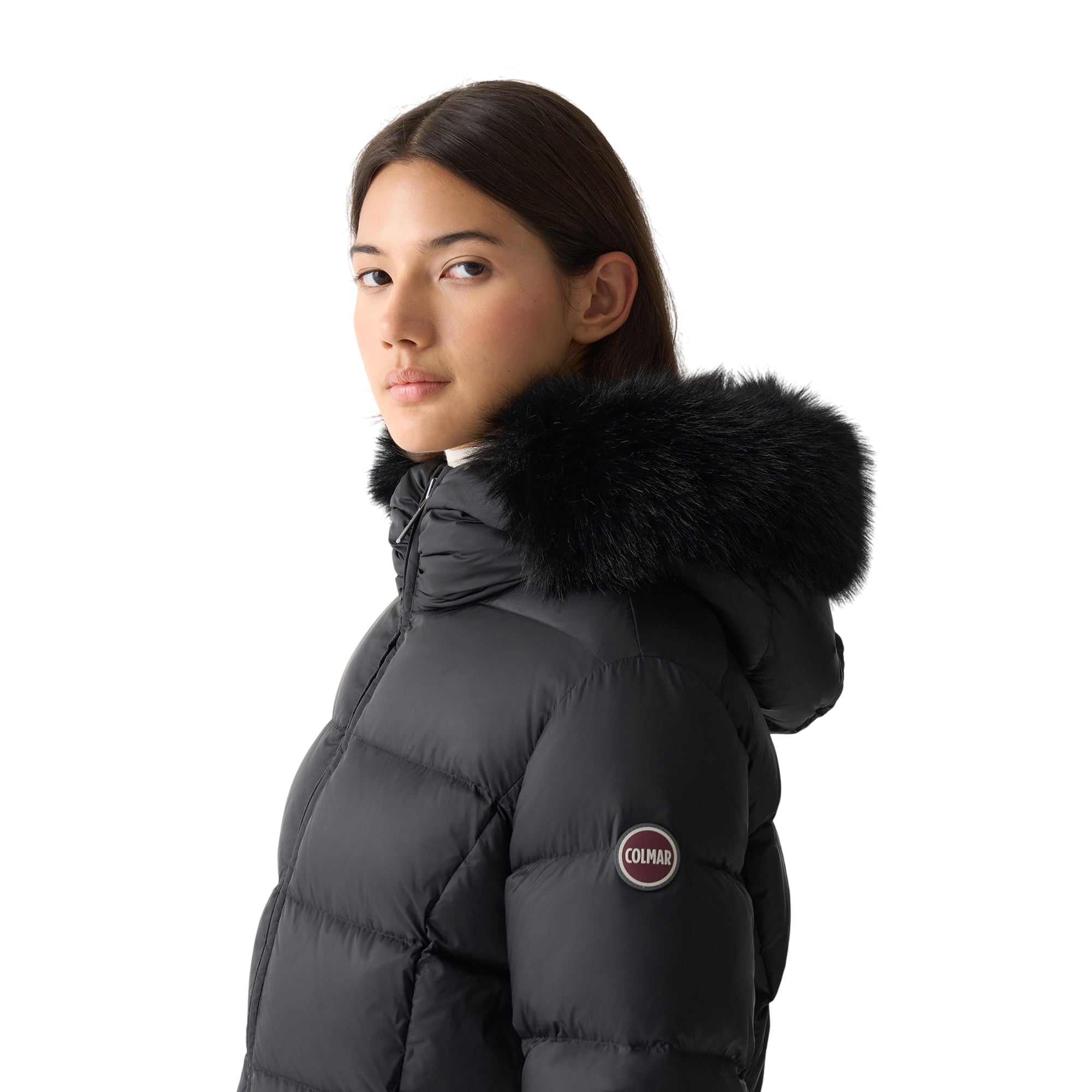 Piumino Donna Lungo Cappuccio e Pelliccia Nero dettaglio