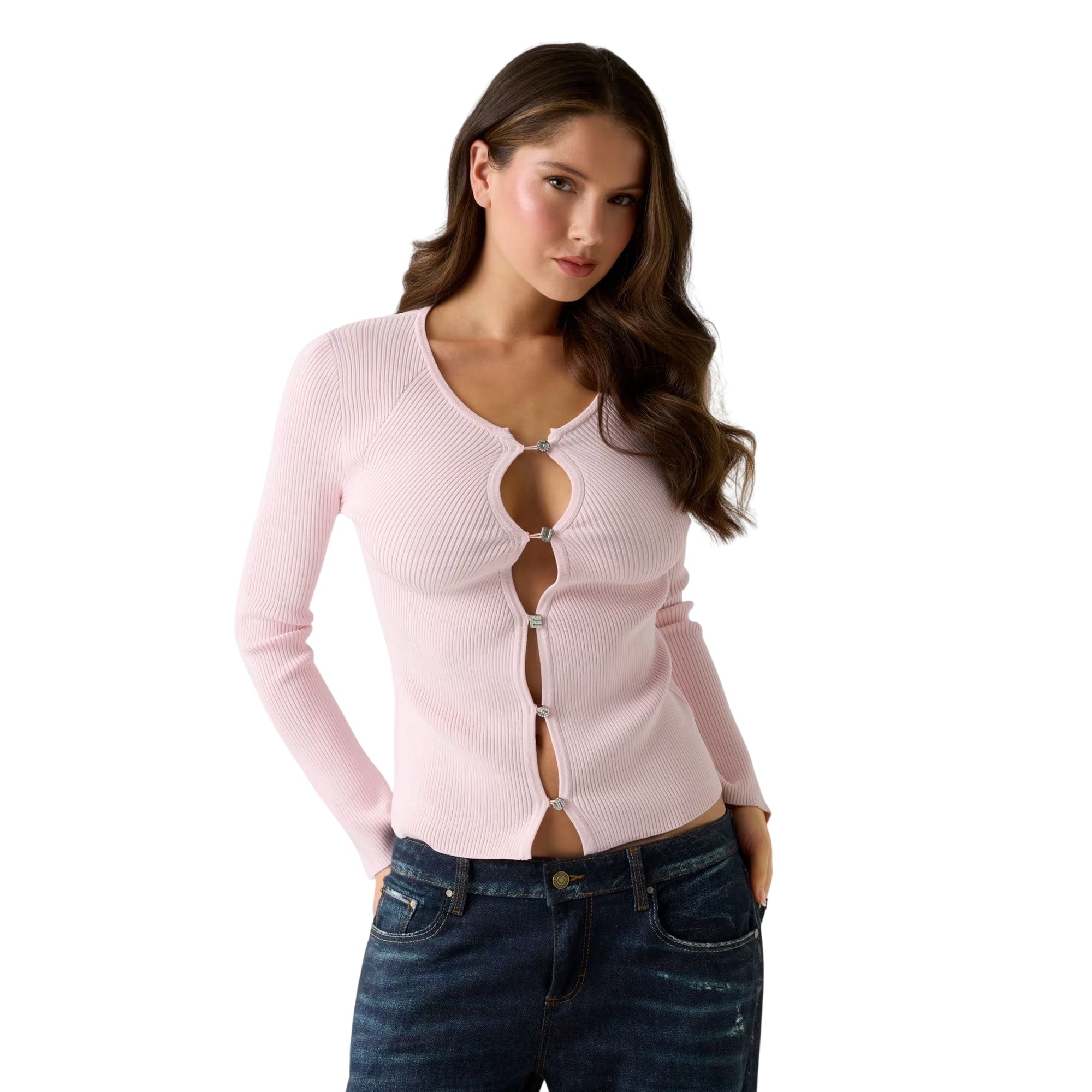 Cardigan donna con bottoni gioiello Rosa modella frontale