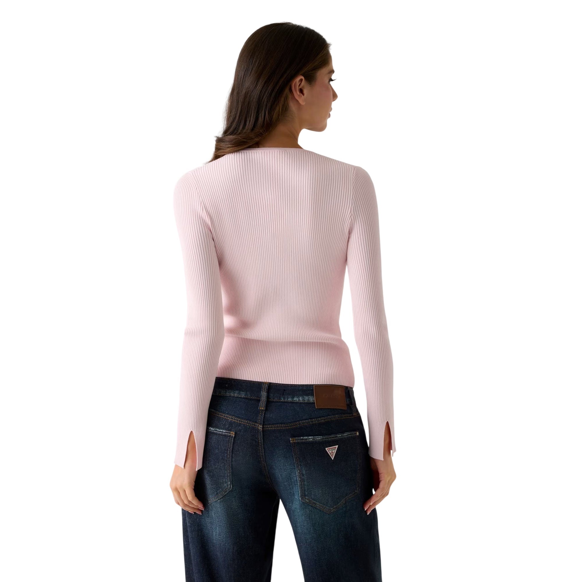 Cardigan donna con bottoni gioiello Rosa modella retro