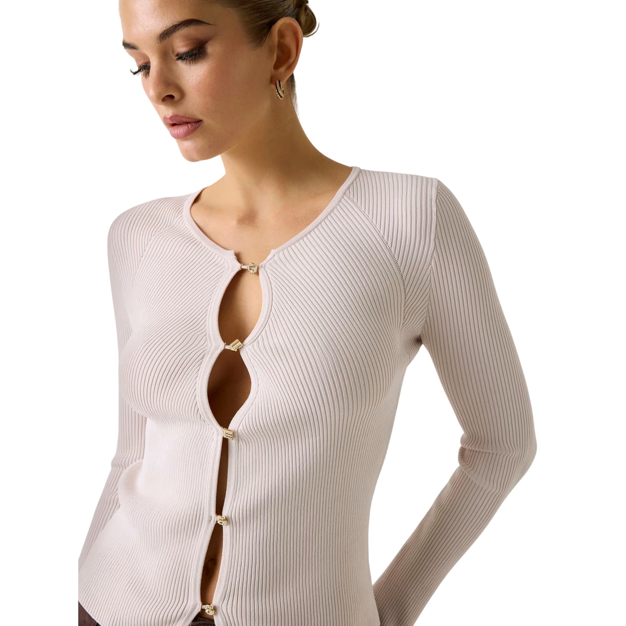 Cardigan donna con bottoni gioiello Bianco modella ravvicinata