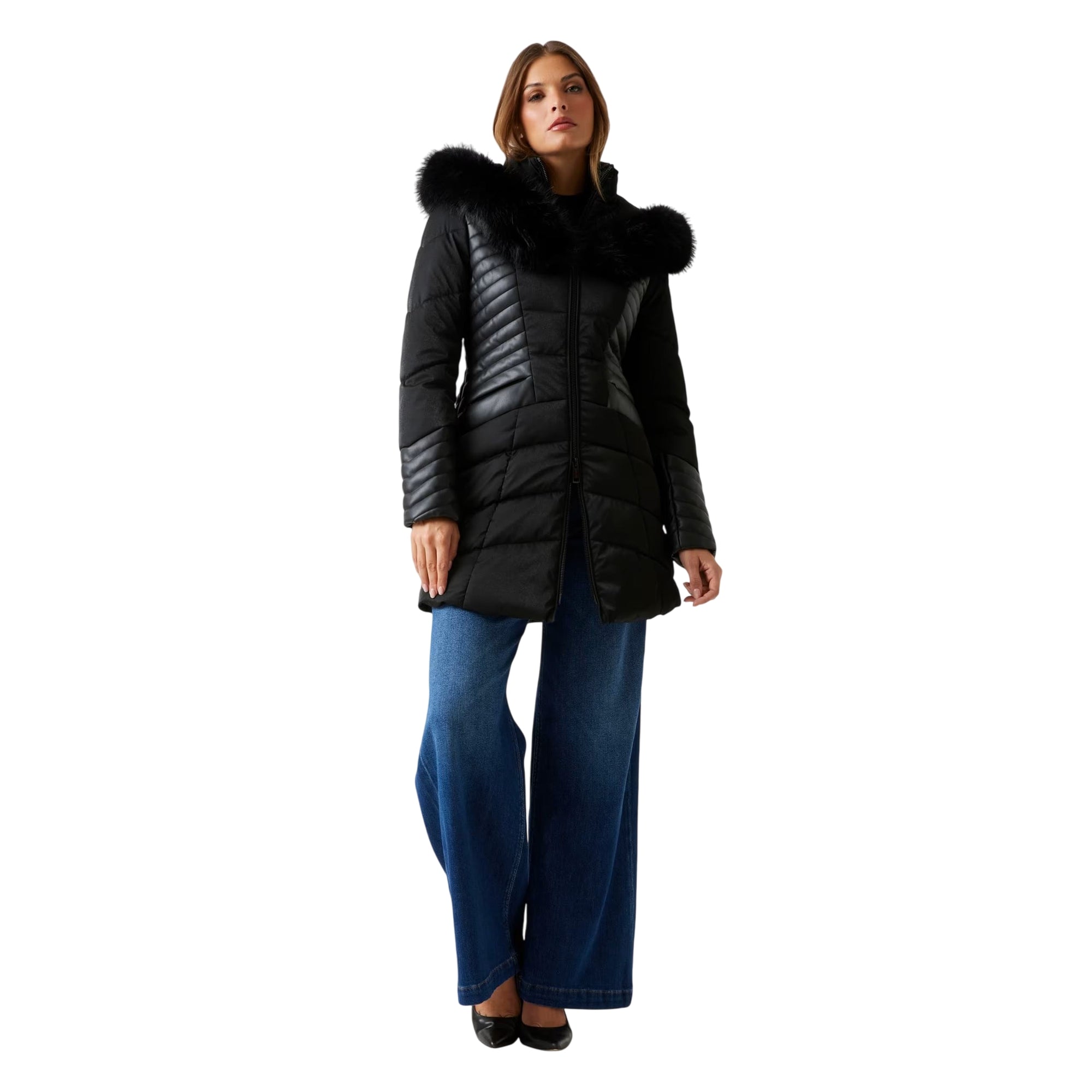 Piumino Donna New Oxana lungo, con pelliccia sintetica tono su tono 