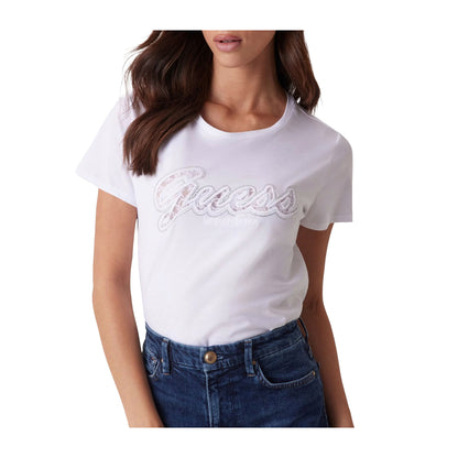 T-shirt Donna in cotone, a girocollo, con logo in pizzo