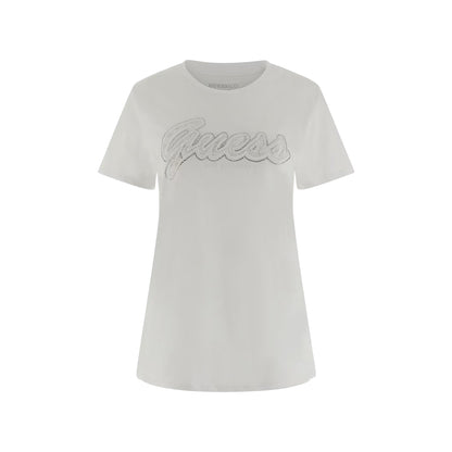 T-shirt Donna in cotone, a girocollo, con logo in pizzo