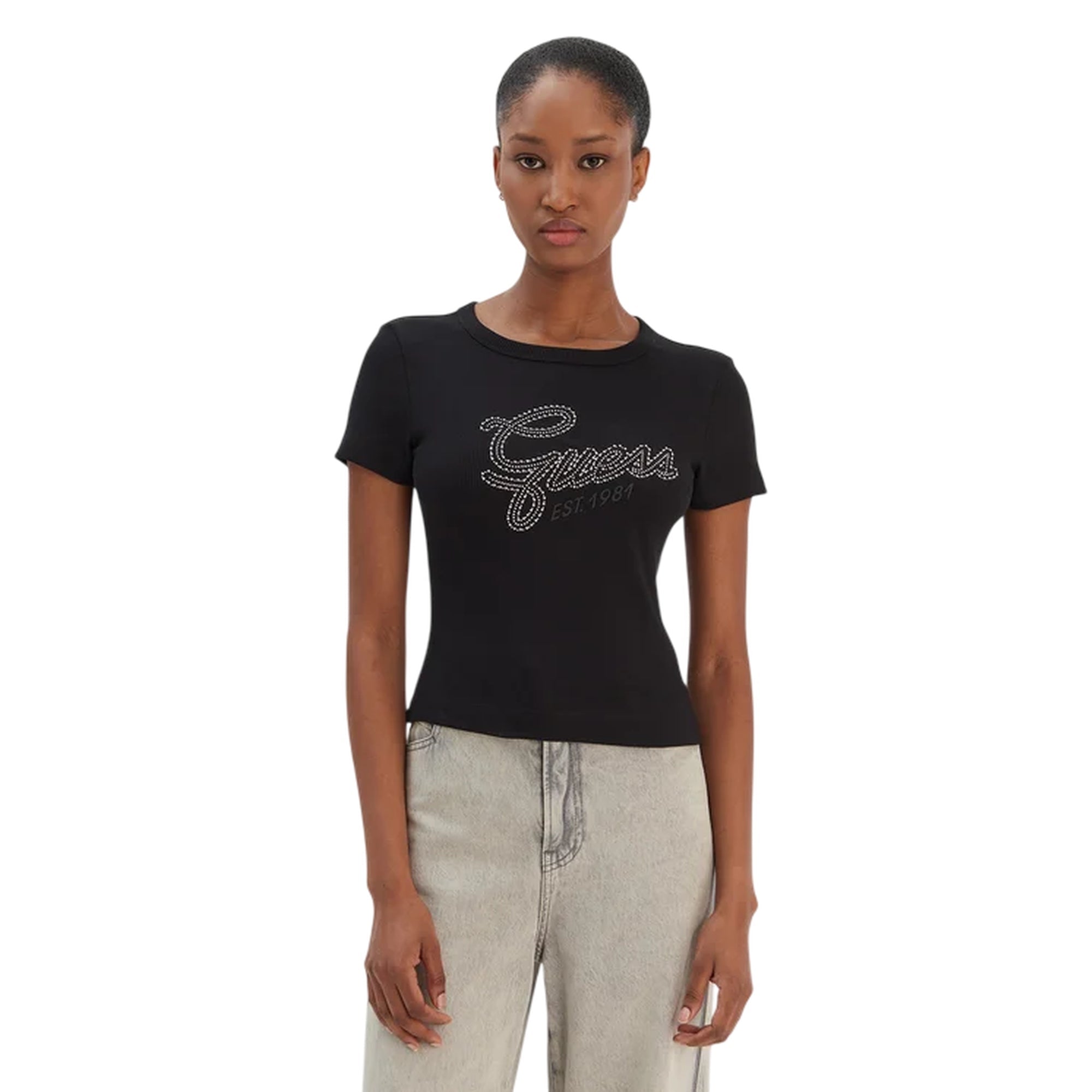 T-shirt donna con logo in strass Nero