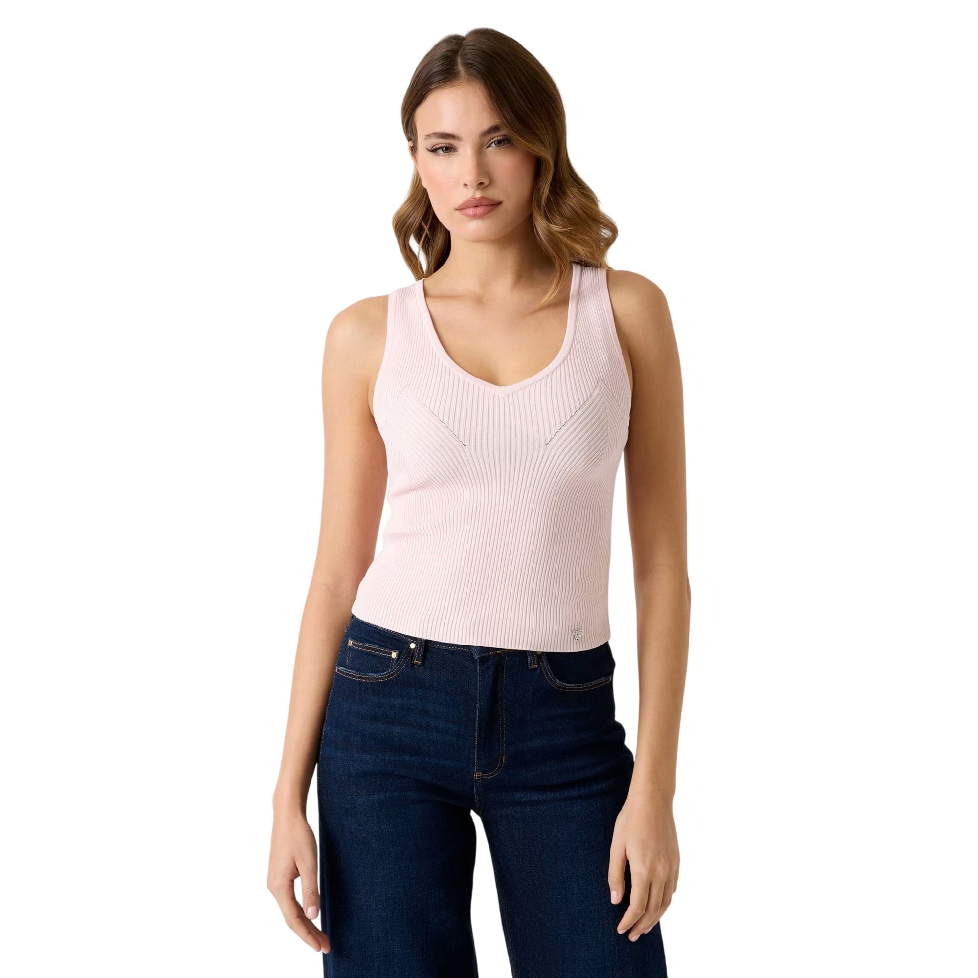 Top donna a costine scollo V Rosa modella frontale