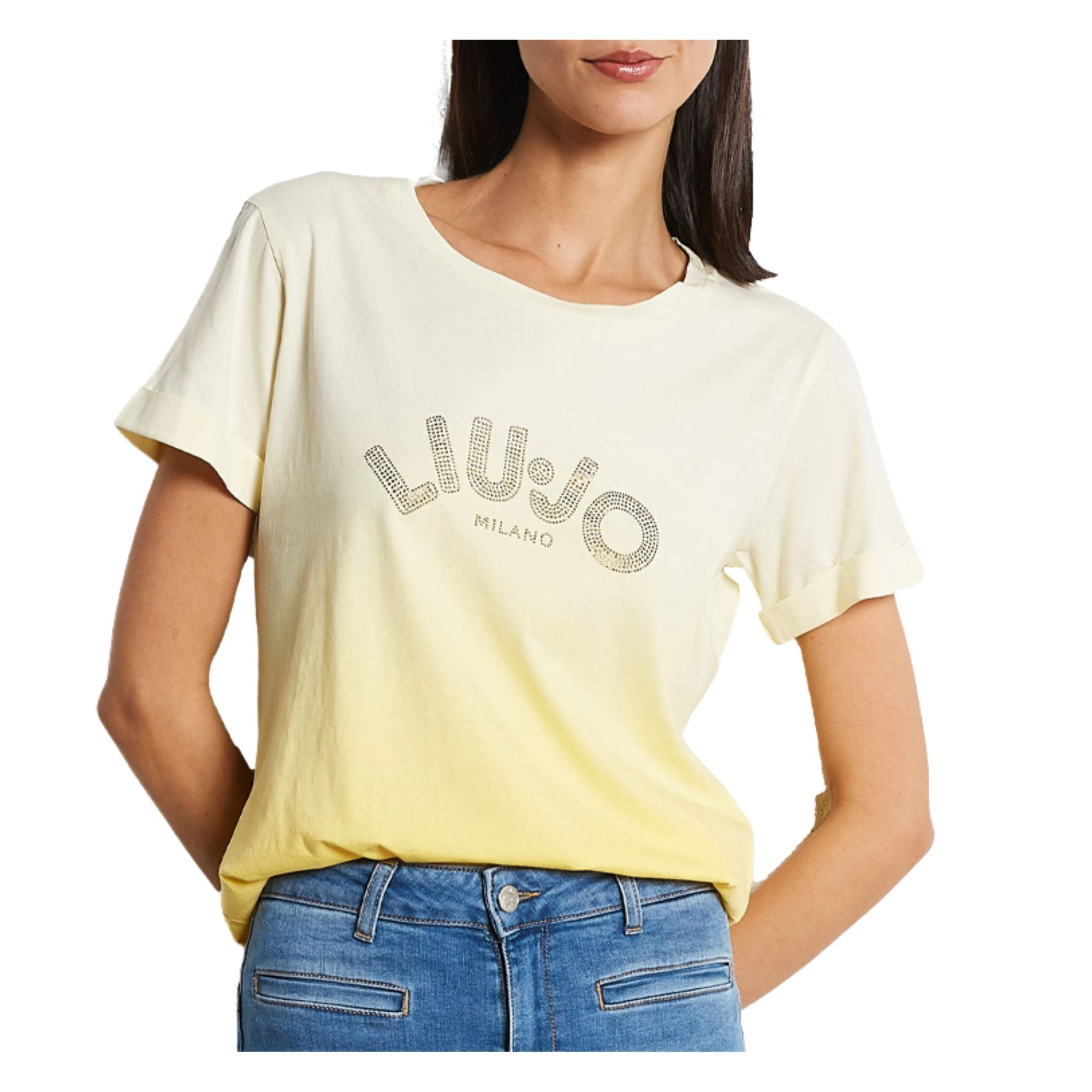 T-shirt Donna sfumata gialla con strass modella frontale