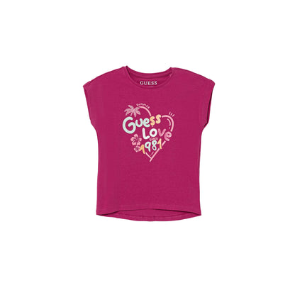 GUESS T-shirt in Cotone Rosa da Bambina con Stampa Glitter