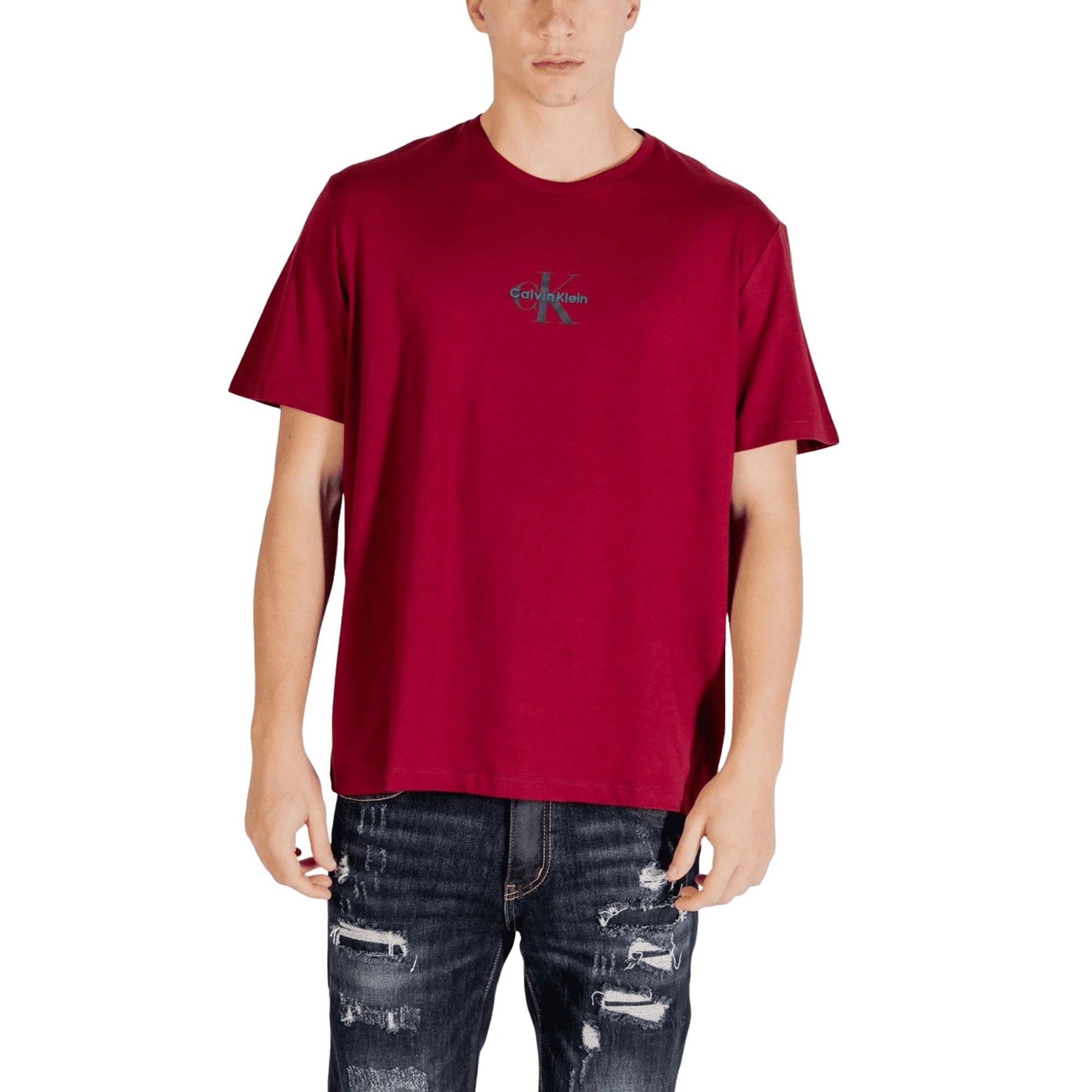 CALVIN KLEIN T-Shirt Uomo Bordeaux Cotone Maniche Corte Scollo Tondo