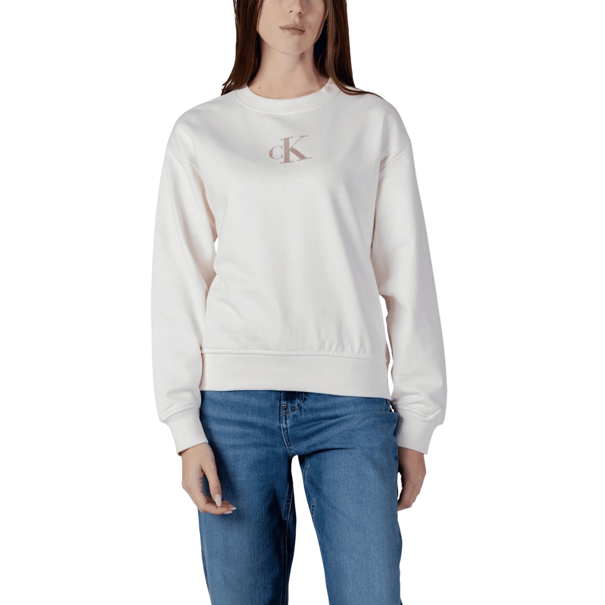Calvin Klein Jeans Felpa Donna Bianca Maniche Lunghe Cotone
