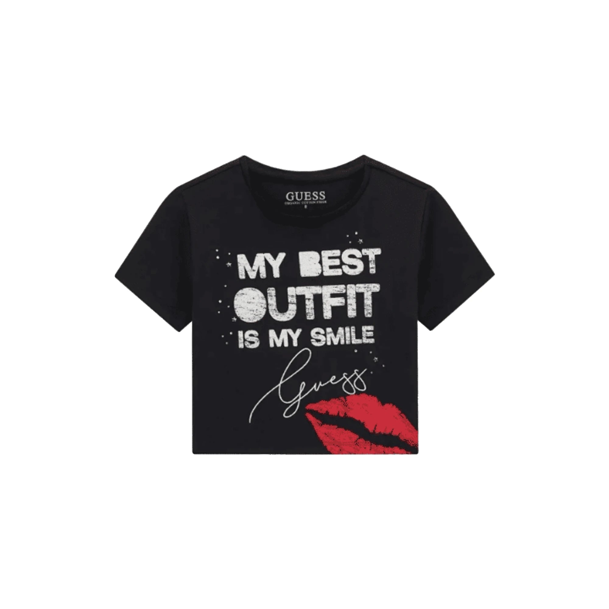 T-Shirt Nera Crop Stampa Labbra Maniche Corte