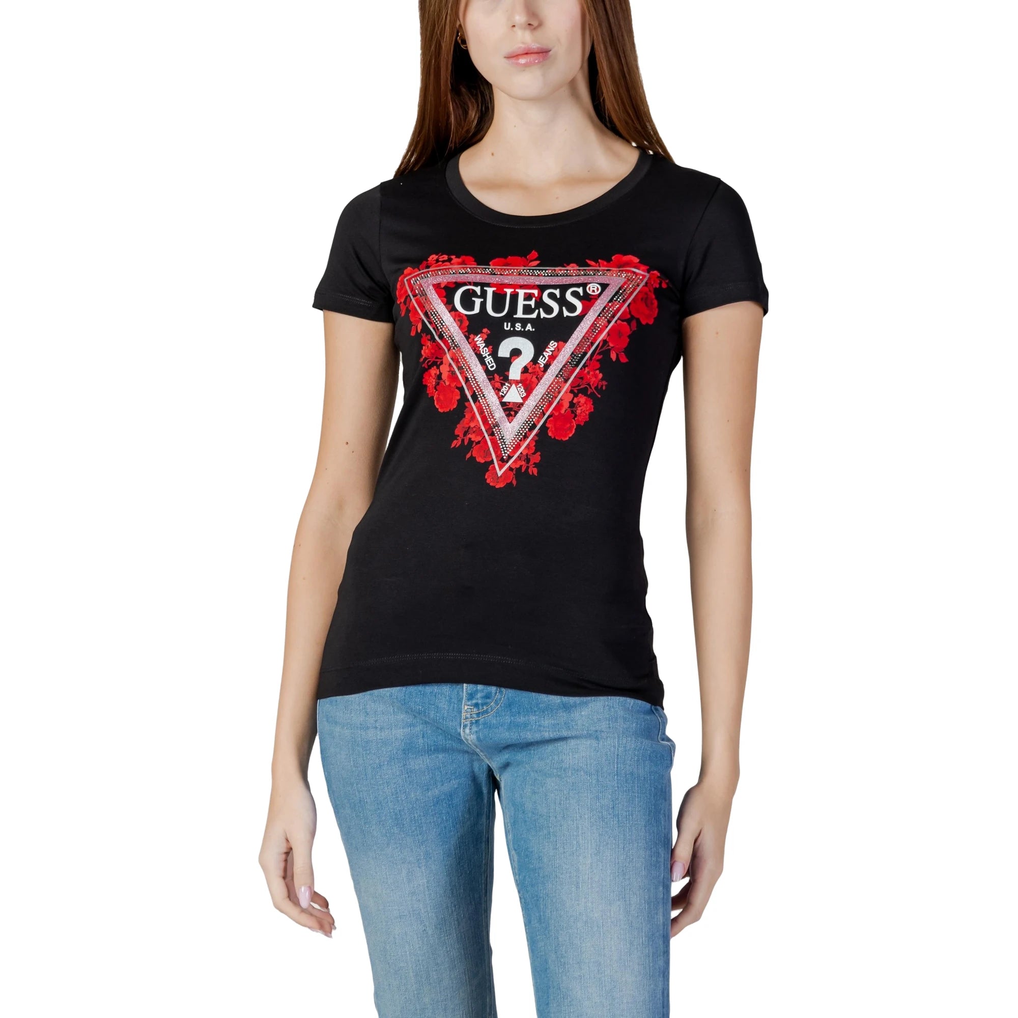 T-shirt Donna Nera SS CN FLOWERS TRIANGLE TEE