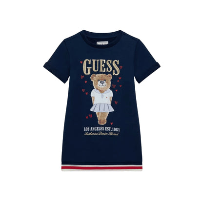 GUESS Vestito Ricamato in Cotone con Stampa Teddy da bambina