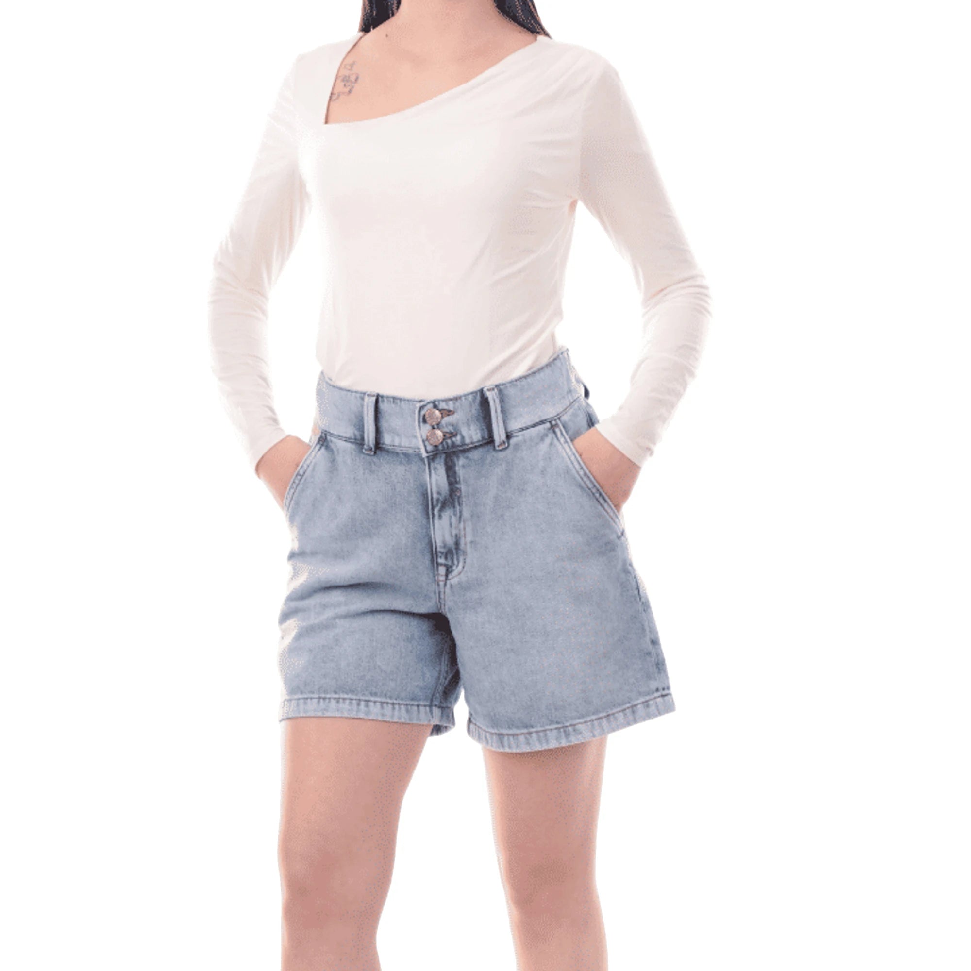 GUESS Maglia Bianca da Donna a Maniche Lunghe con Scollatura