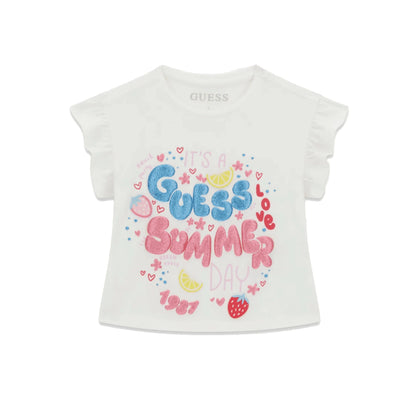 GUESS T-shirt Bianca da Bambina con Scritta Glitterata