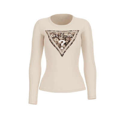 GUESS Maglia da Donna a Manica Lunga in Beige Con Logo