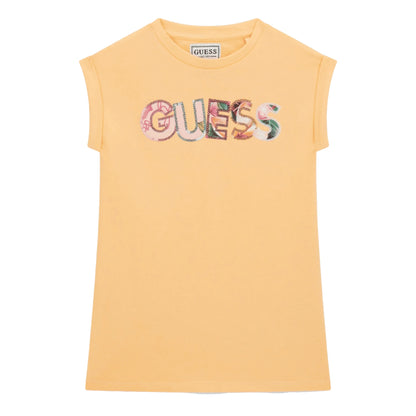 GUESS Vestito da Bambina in Cotone Arancione Con Logo Paillettes 
