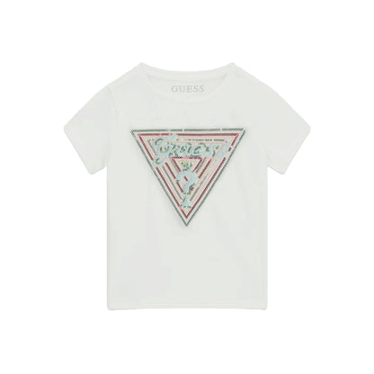 GUESS T-Shirt in Cotone Bianco da Bambina con Logo Paillettes 