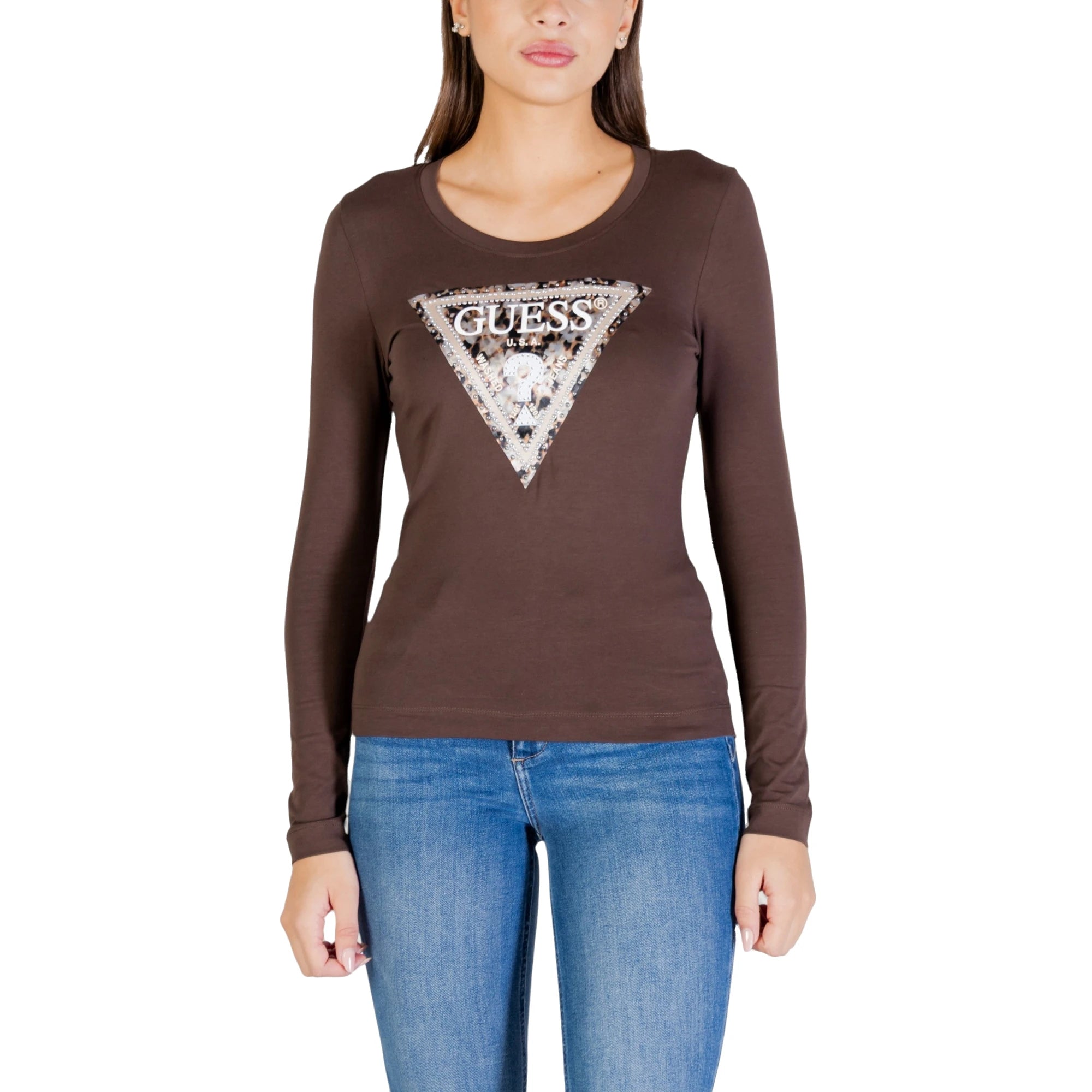 GUESS Maglia da Donna a Manica Lunga in Marrone Con Logo