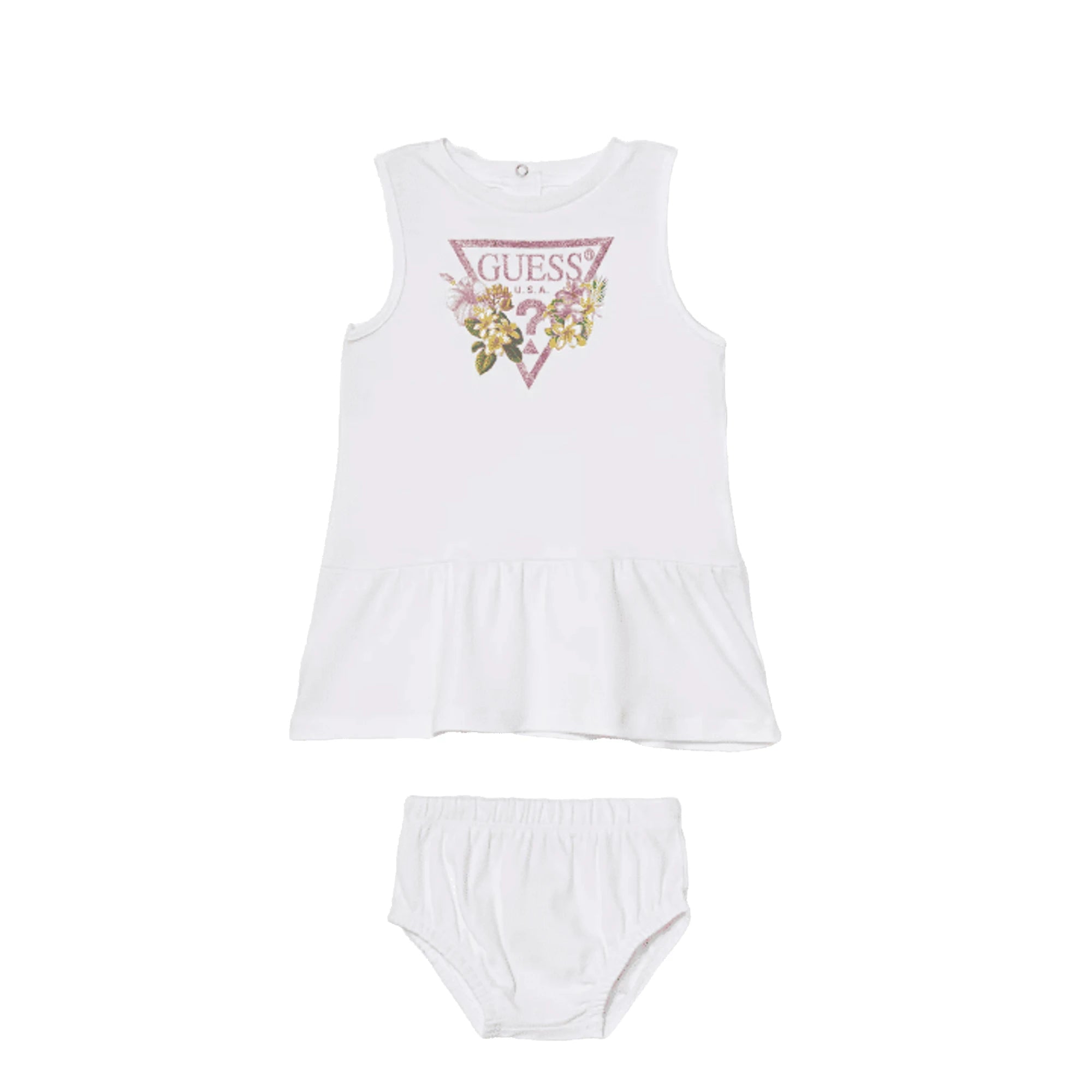 GUESS Vestito Bianco in Cotone da Neonata con Culotte 