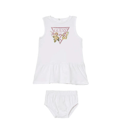 GUESS Vestito Bianco in Cotone da Neonata con Culotte 