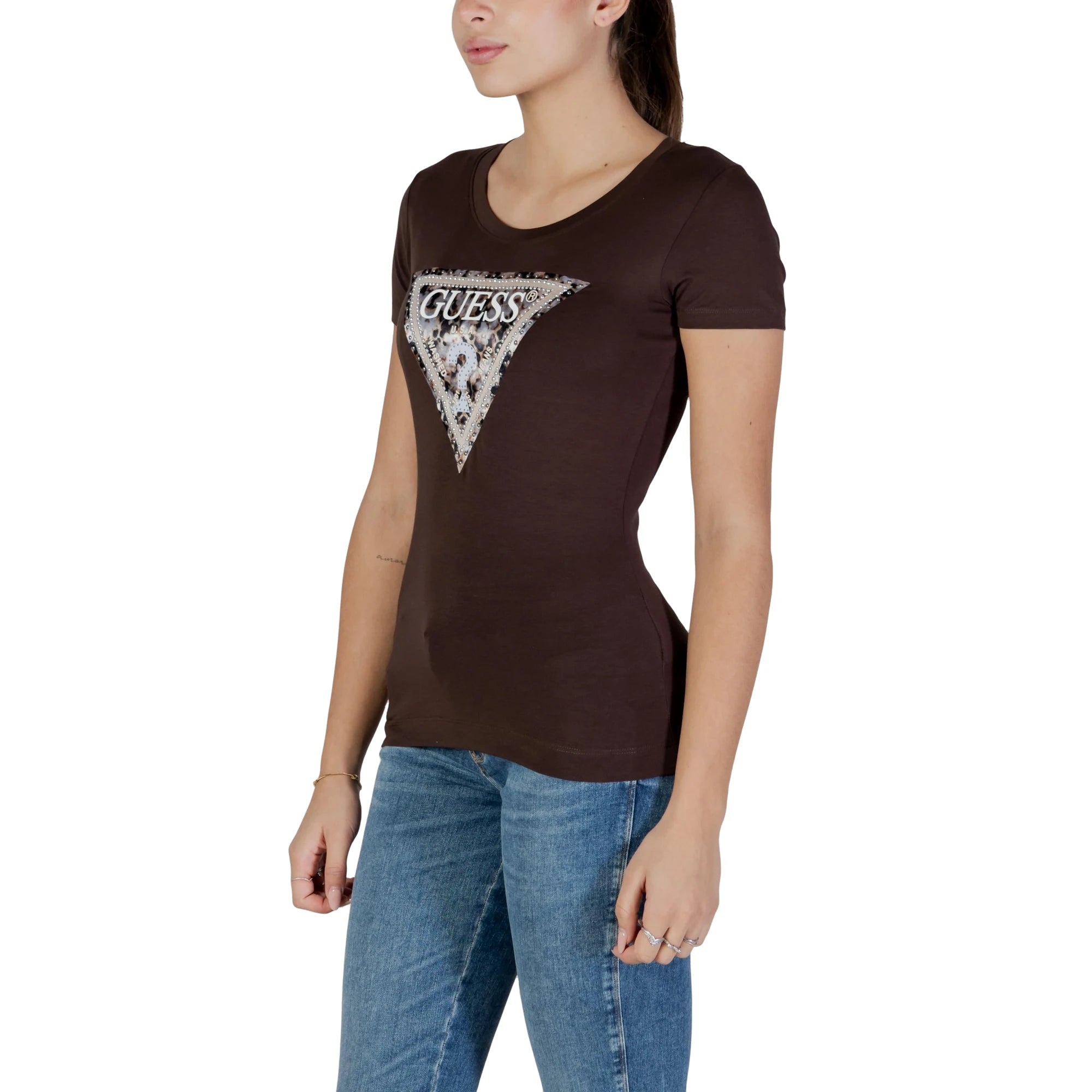 GUESS T-shirt da Donna LEO TRIANGLE TEE in Cotone Marrone