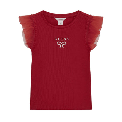 GUESS T-shirt da Bambina in Cotone e Chiffon con Logo Ricamato