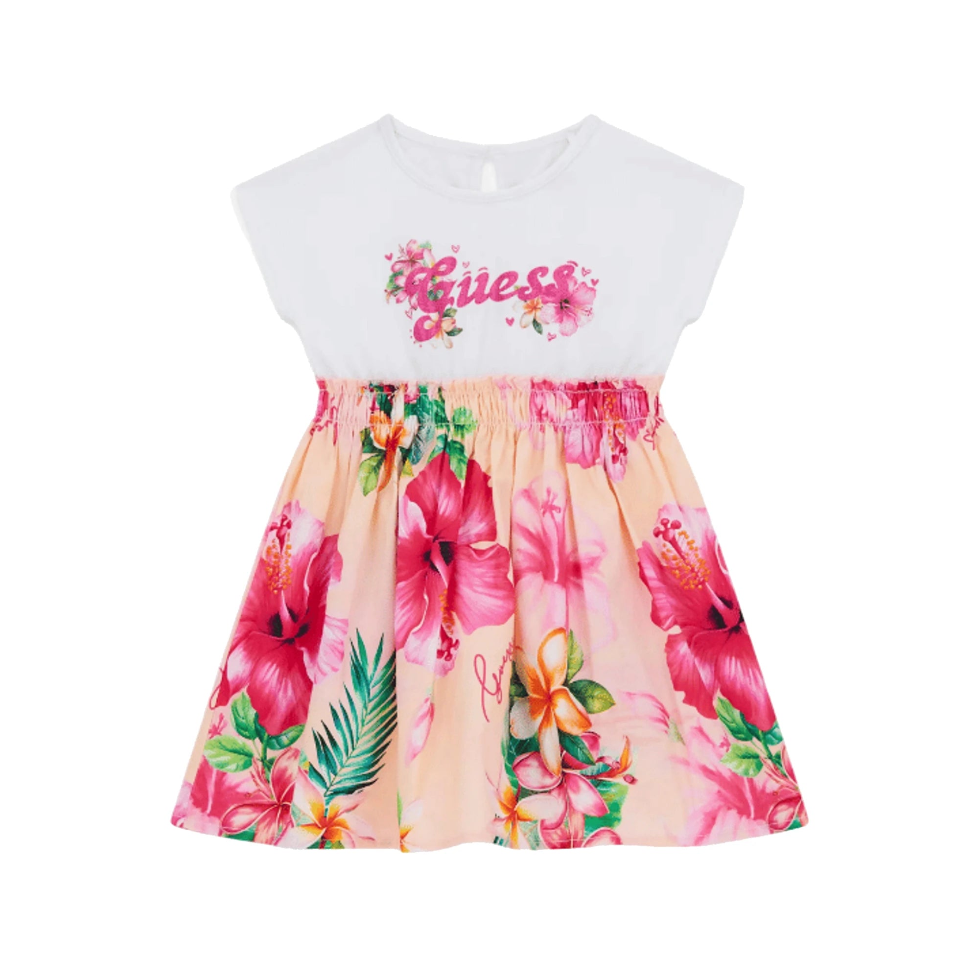 GUESS Vestito in Cotone da Bimba con Stampa Floreale Rosa e Bianco
