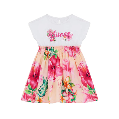 GUESS Vestito in Cotone da Bimba con Stampa Floreale Rosa e Bianco