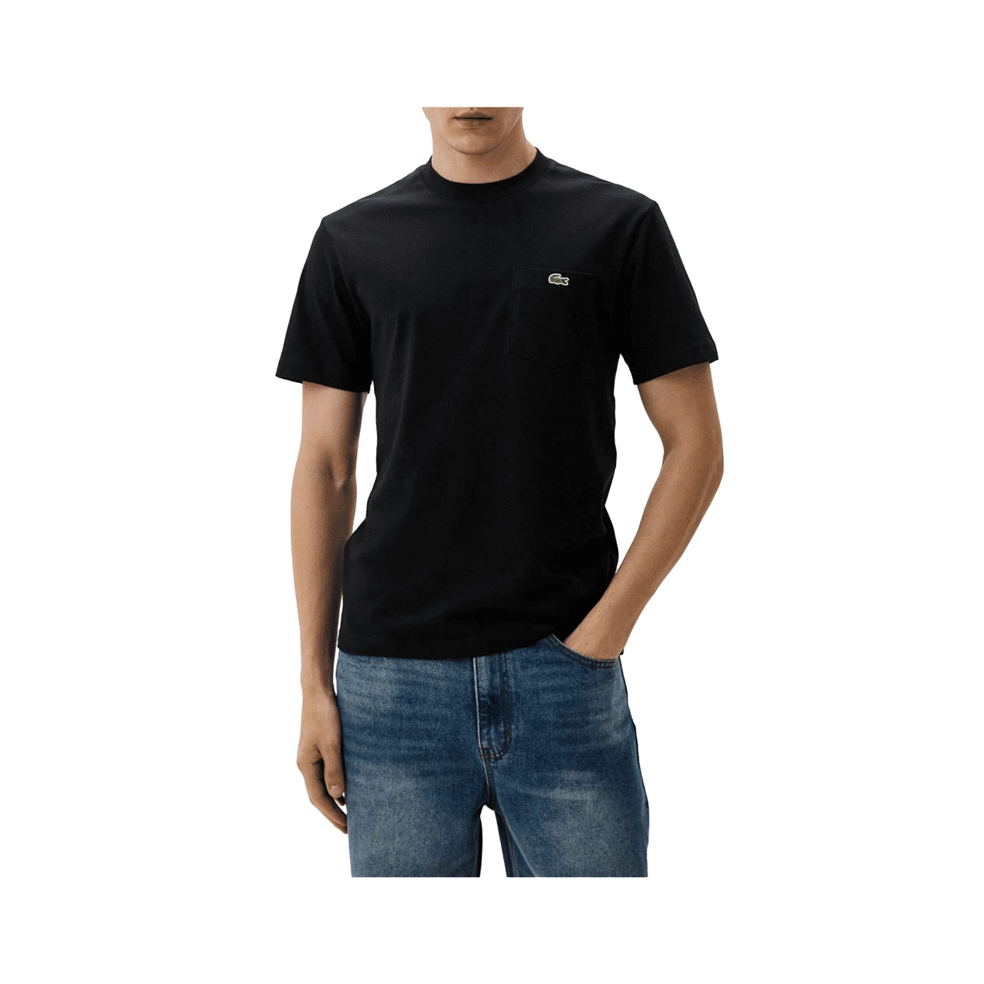 LACOSTE T-shirt a Girocollo da Uomo Nera con Taschino 